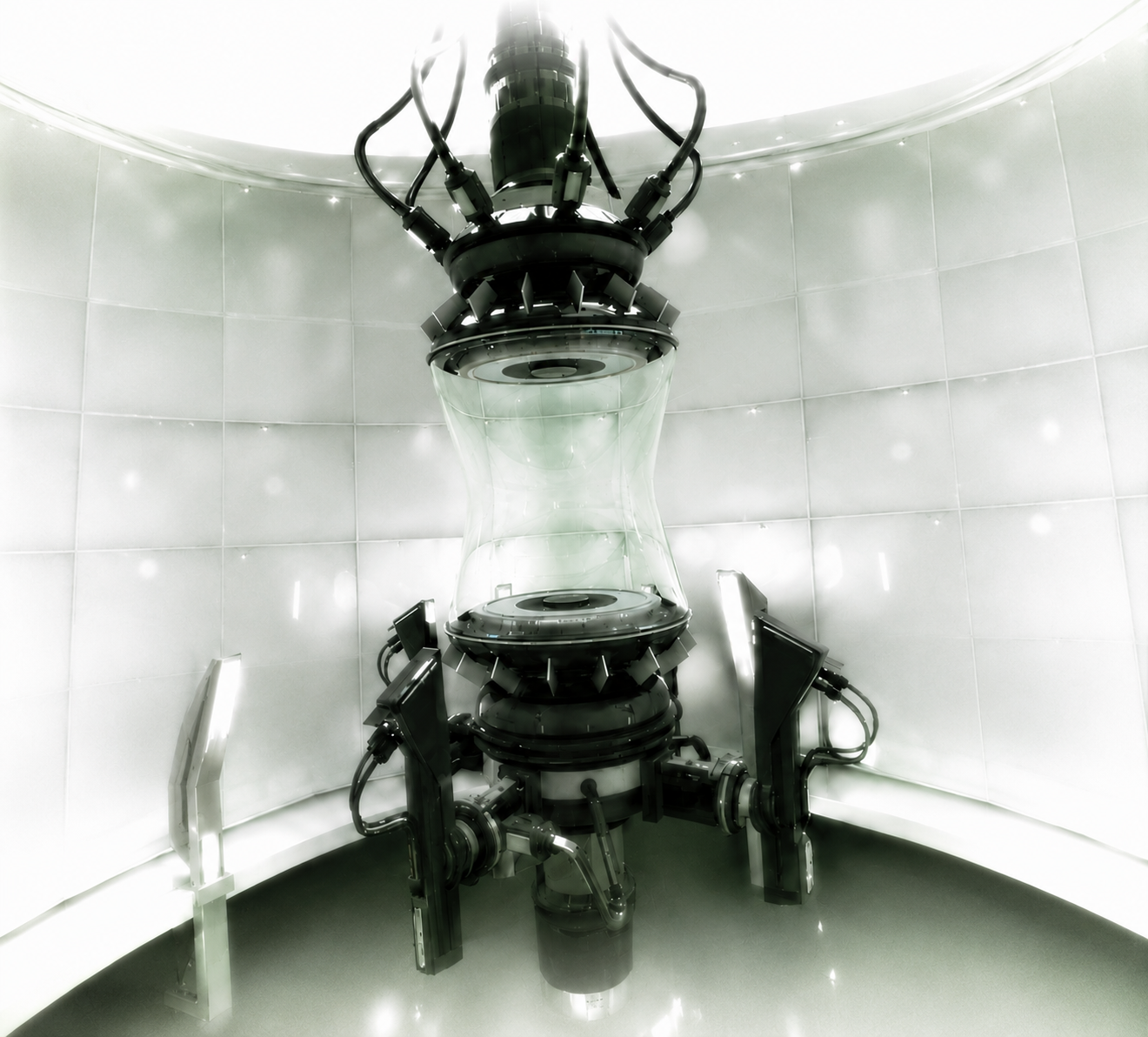 A tall futuristic reactor machine inside a curved white chamber